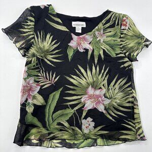 Allyson Whitmore Tropical Blouse Womens 14 Black Floral Top VNeck Flutter Lined
